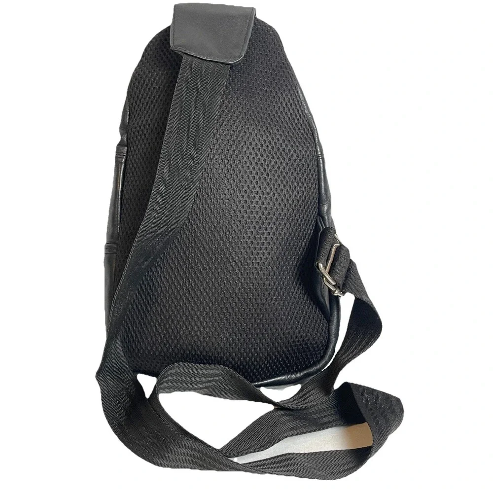 Y2K Genuine Leather Sling Bag Unisex Small Black Multiple Pockets Travel Casual